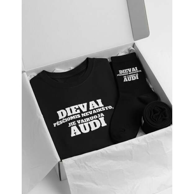 Dovanų rinkinys DIEVAI PĖSČIOMIS NEVAIKŠTO, JIE VAIRUOJA AUDI (AUTOMOBILIO PAVADINIMĄ GALIMA RINKTIS)