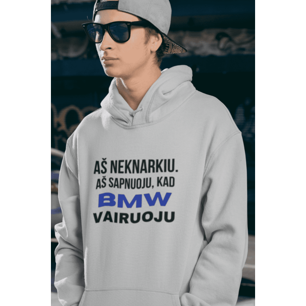 Vyriškas džemperis AŠ NEKNARKIU, AŠ SAPNUOJU, KAD BMW VAIRUOJU (MARKĘ GALIMA PASIRINKTI)