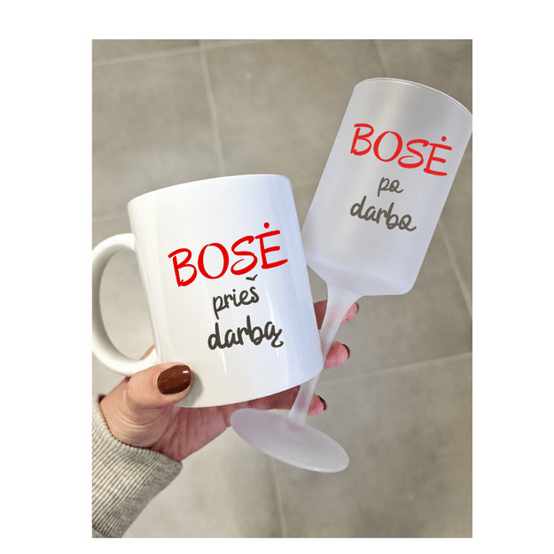 Vyno taurės ir puodelio rinkinys BOSĖ PRIEŠ DARBĄ / PO DARBO. 