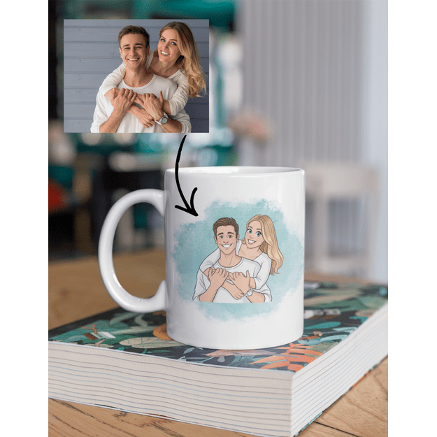 Puodelis su karikatūrine nuotrauka