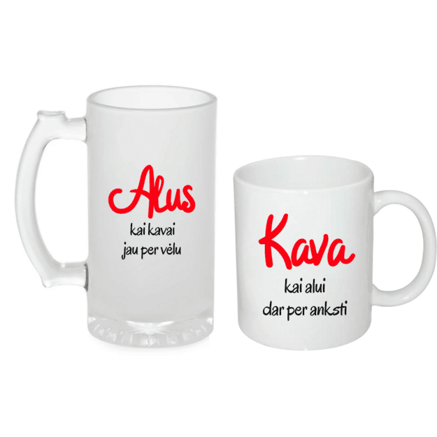 Bokalo ir puodelio rinkinys KAVA KAIP ALUI DAR PER ANKSTI / ALUS KAI KAVAI JAU PER VĖLU