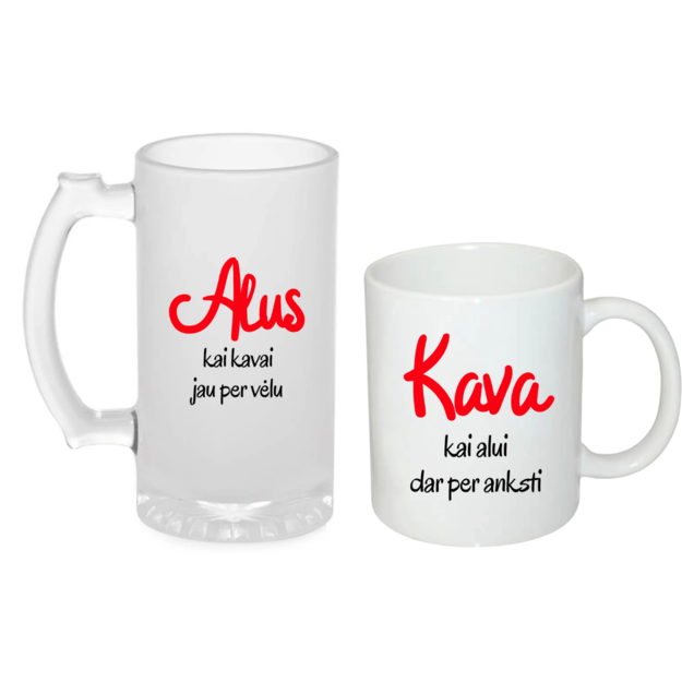 Bokalo ir puodelio rinkinys KAVA KAIP ALUI DAR PER ANKSTI / ALUS KAI KAVAI JAU PER VĖLU