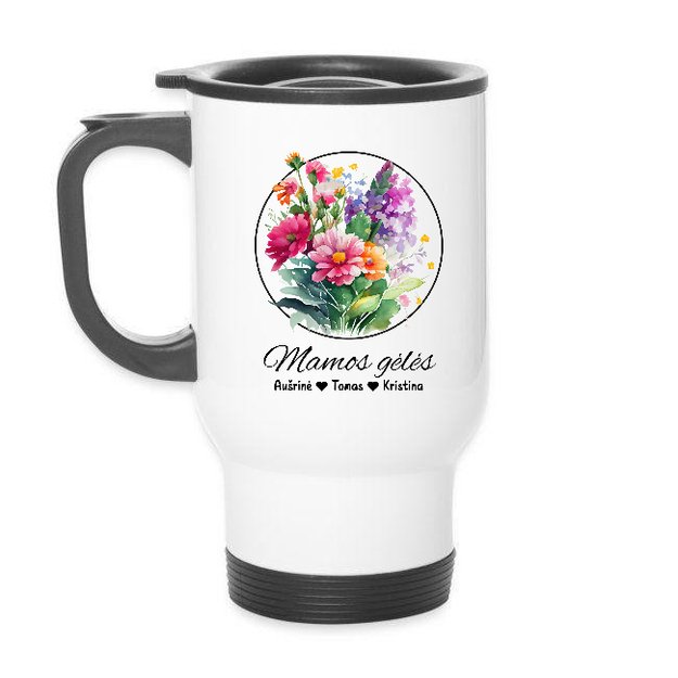 Kelioninis puodelis MAMOS GĖLĖS su vaikų vardais, 450 ml