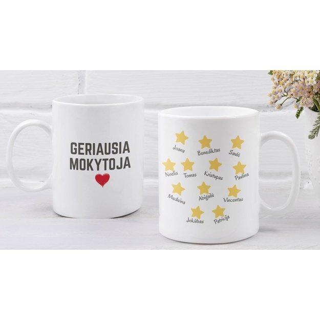 Puodelis GERIAUSIA MOKYTOJA su auklėtinių vardais