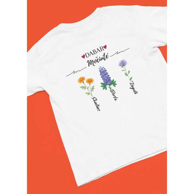 UNISEX marškinėliai PIRMA MAMA / DABAR MOČIUTĖ su vaikų ir anūkų vardais 2