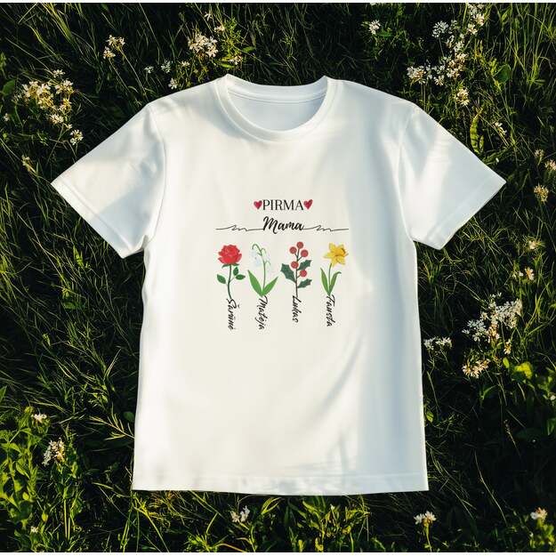 UNISEX marškinėliai PIRMA MAMA / DABAR MOČIUTĖ su vaikų ir anūkų vardais 1