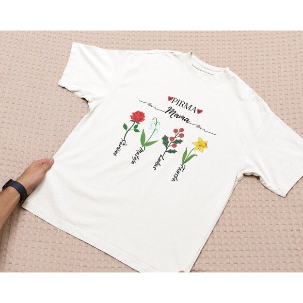 UNISEX marškinėliai PIRMA MAMA / DABAR MOČIUTĖ su vaikų ir anūkų vardais