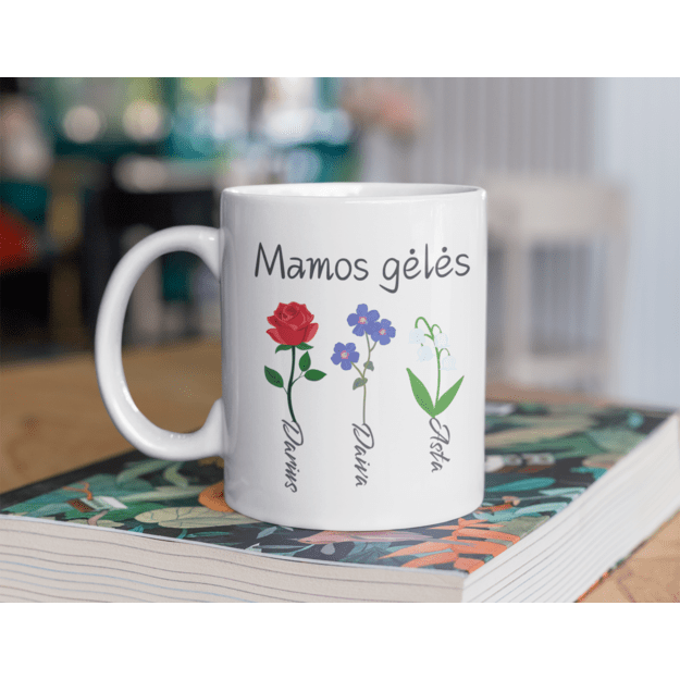 Puodelis MAMOS GĖLĖS su vaikų vardais
