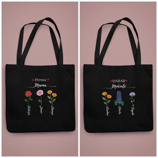 Pirkinių krepšys PIRMA MAMA / DABAR MOČIUTĖ su vaikų ir anūkų vardais