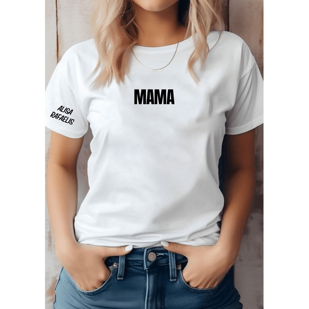 Moteriški marškinėliai MAMA su vaikų vardais ant rankovės
