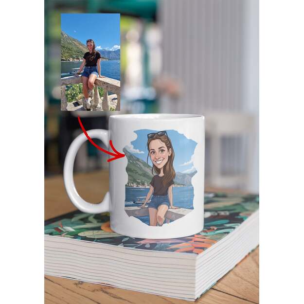 Puodelis su karikatūrine nuotrauka