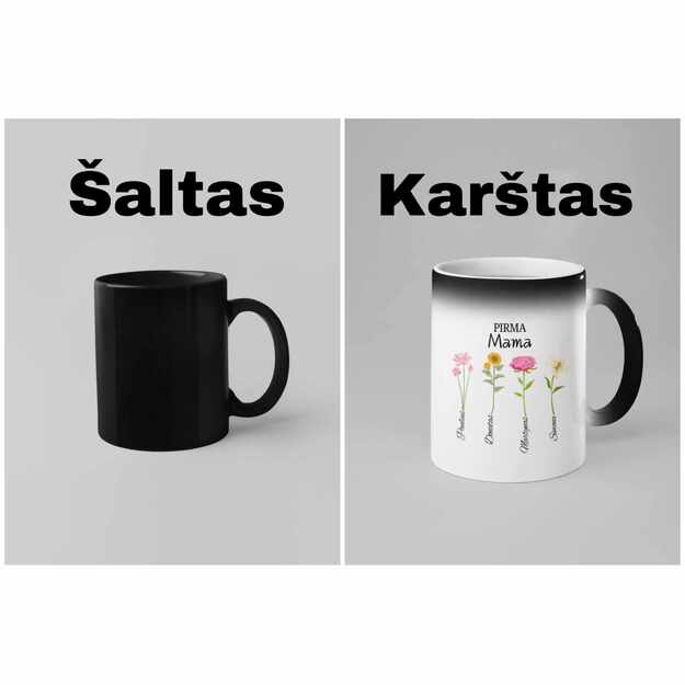 Magiškas puodelis PIRMA MAMA / DABAR MOČIUTĖ su vaikų ir anūkų vardais