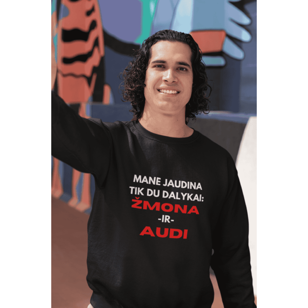 Vyriškas džemperis MANE JAUDINA TIK DU DALYKAI: ŽMONA IR AUDI (MARKĘ GALIMA PASIRINKTI)